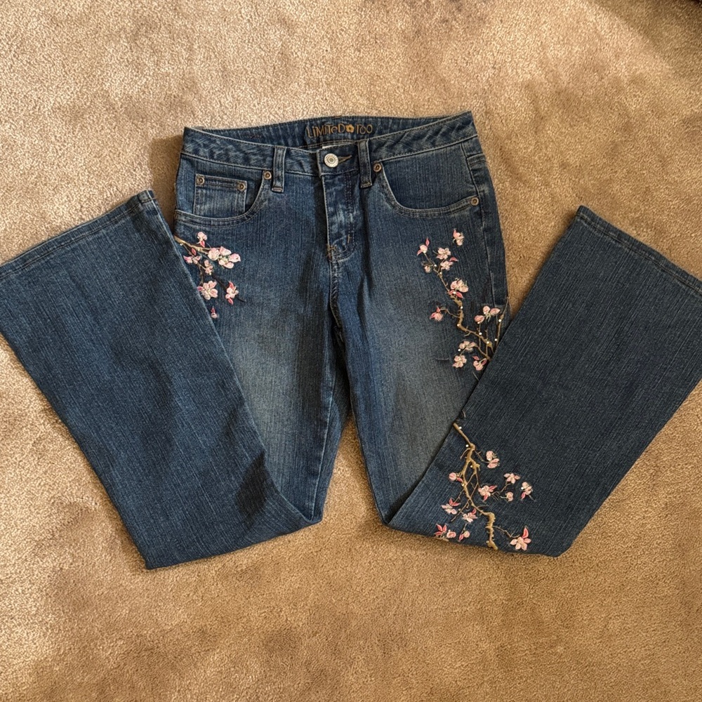 Limited Too Dark Blue Jeans with Pink Floral Embroidery
